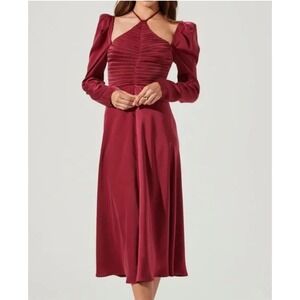 ASTR The Label Burgundy Satin Ruched Halter Neck Puff Sleeve Midi Dress Size S